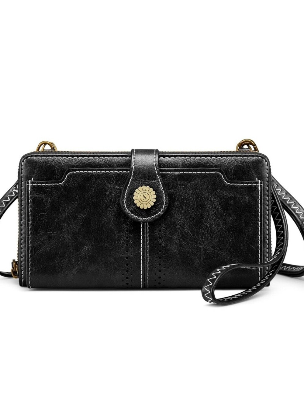 Classic Black Faux Leather Crossbody Wallet with Floral Button